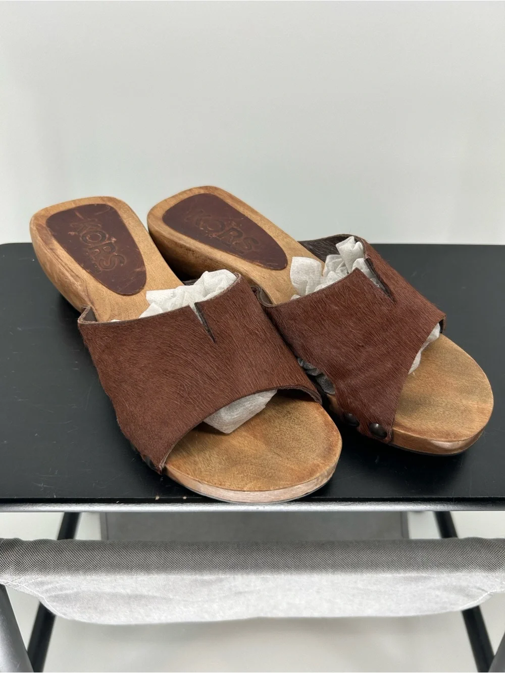 Michael Kors Brown Haircalf Slide Wedge Sandals